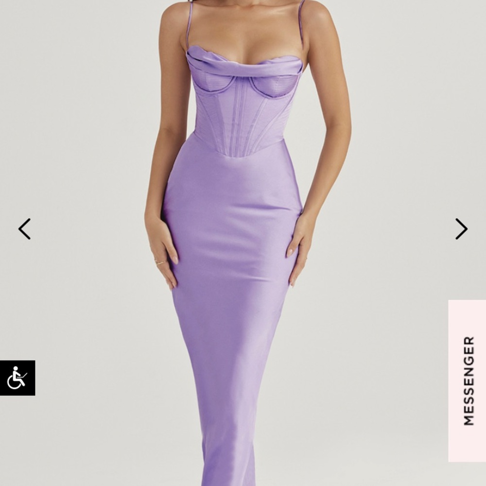 House of CB Charmaine lavender corset maxi dress.       Sold out in XS reg cup.